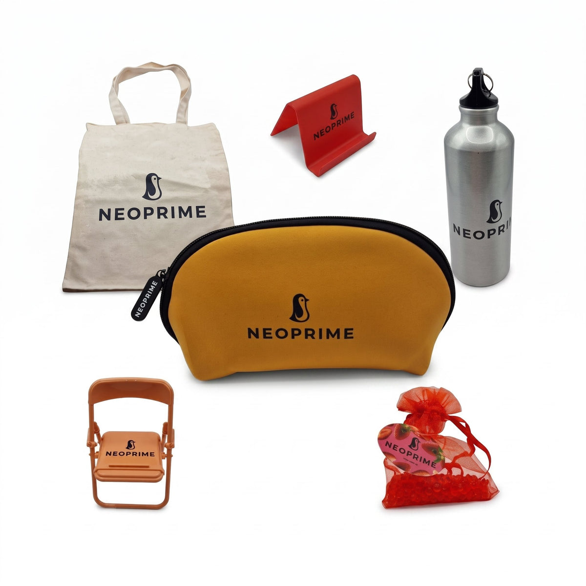 Neopremio Neo — soporte de móvil, aromatizador, tote bag, funda de botella y neceser de neopreno Neoprime incluidos en el regalo