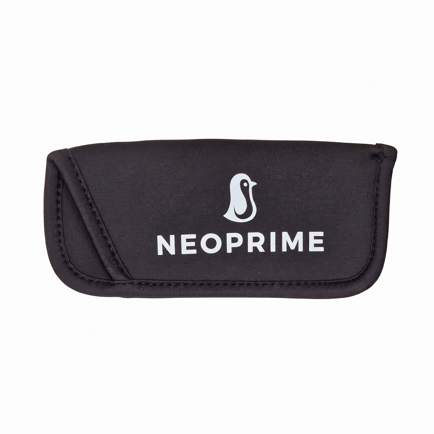 Funda básica de neopreno para gafas Neoprime — negra, cerrada con logo visible