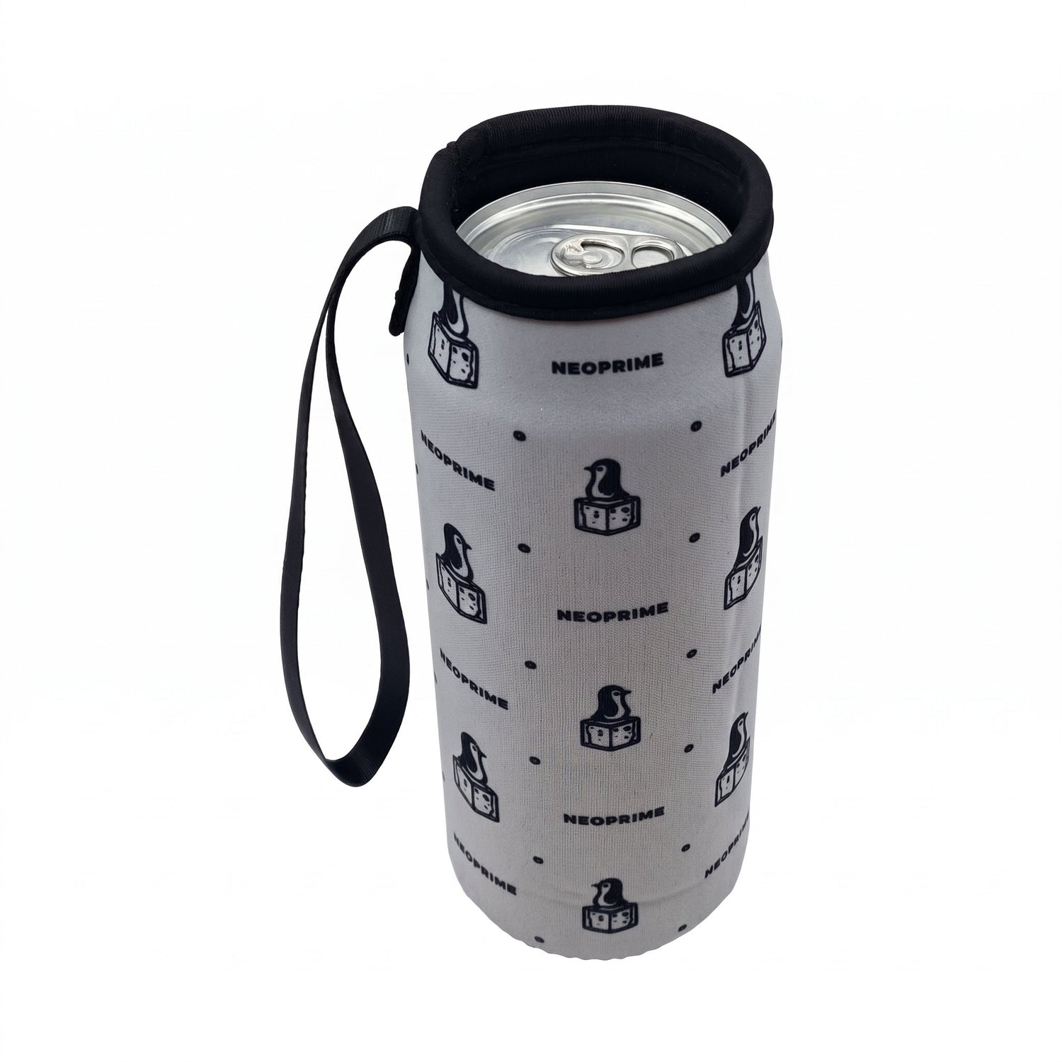 Funda para botella con strap de neopreno Neoprime — blanca, vista frontal completa