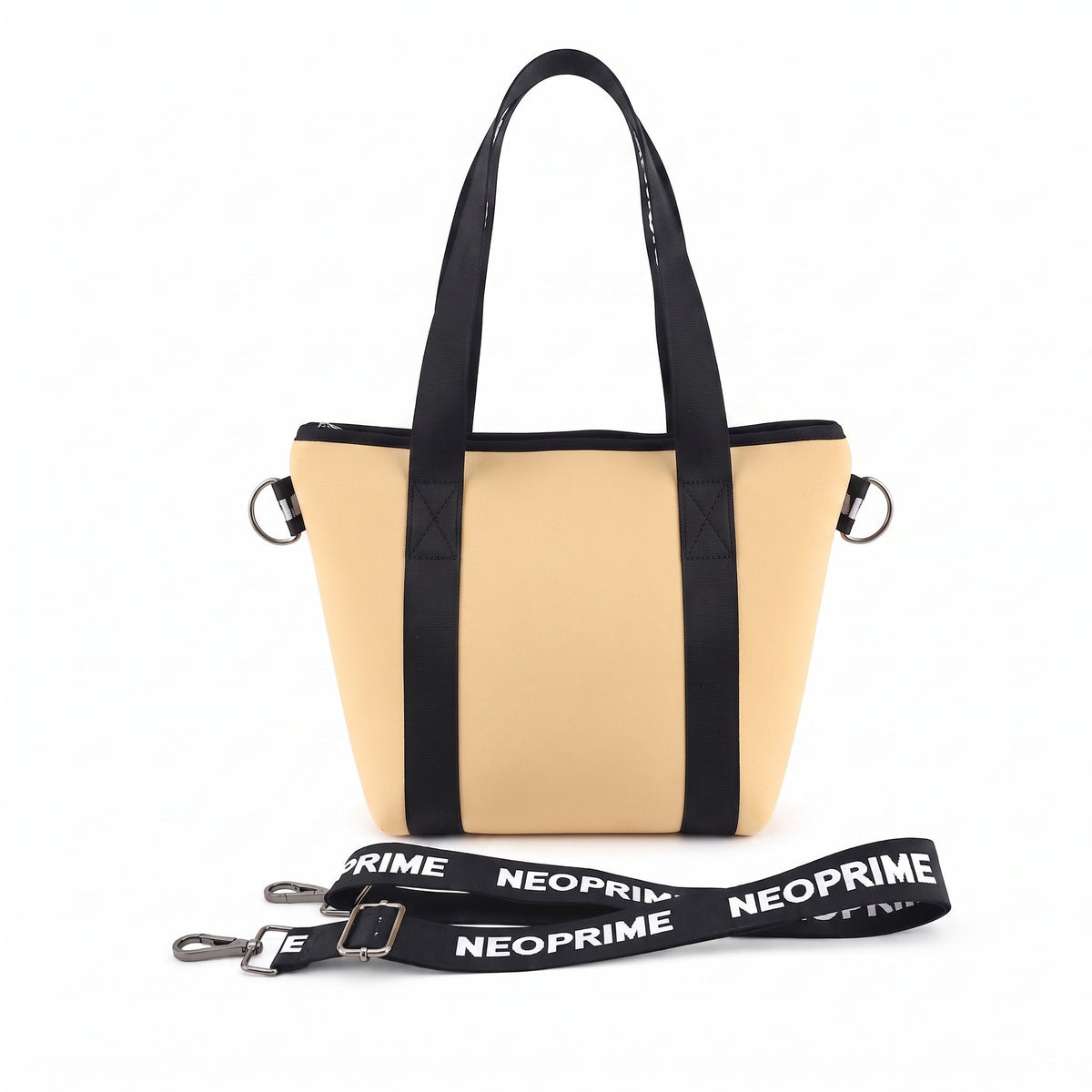 Bolso tote de neopreno Neoprime en beige — vista frontal con asas y correa NEOPRIME