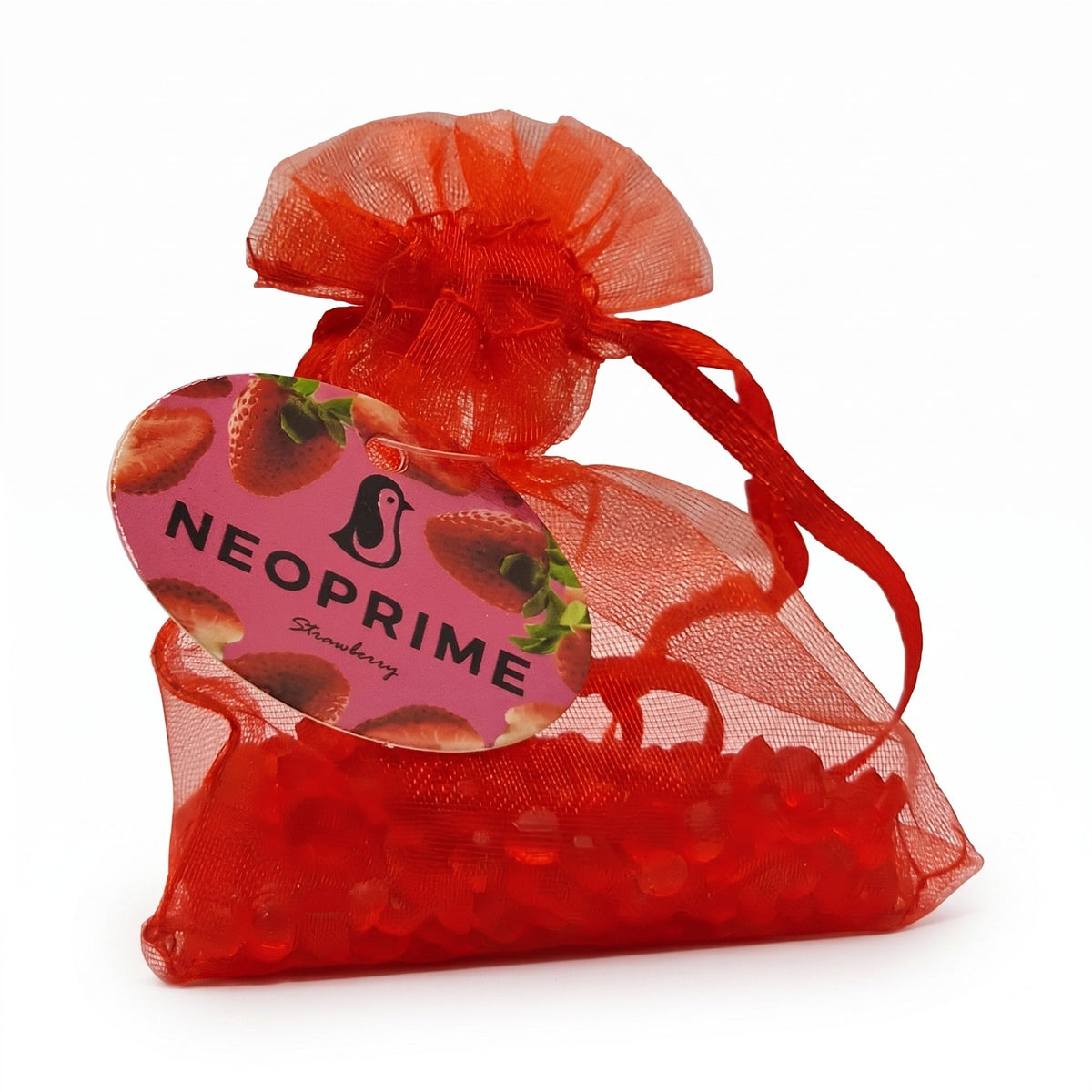Saco perfumado ambientador Neoprime aroma fresa, bolsa de organza roja con etiqueta Neoprime Strawberry, vista frontal